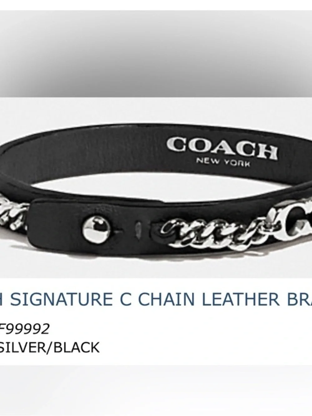 Coach Black Leather Bracelet with Silver Chain Accent
